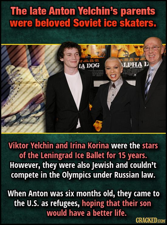 The late Anton Yelchin's parents were beloved Soviet ice skaters. LA DOG ULOHA D Viktor Yelchin and Irina Korina were the stars of the Leningrad Ice B