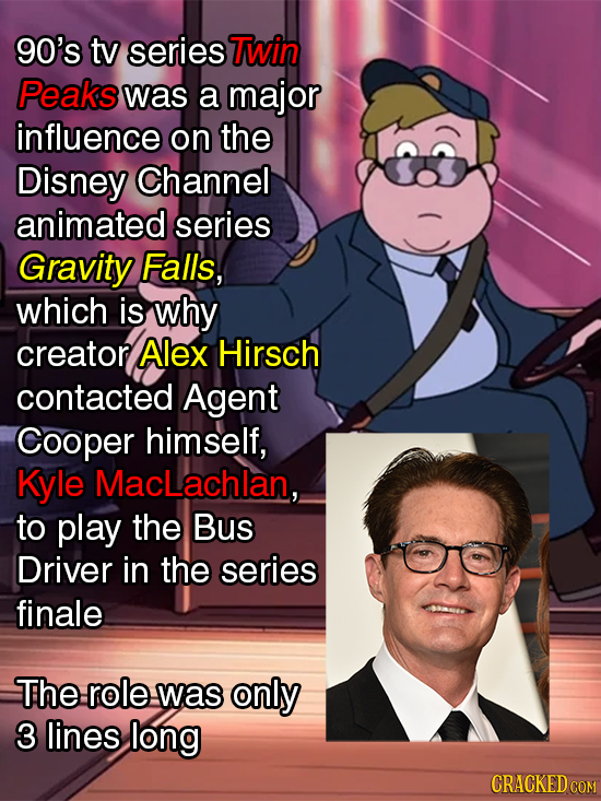 90's tv series Twin Peaks was a major influence on the Disney Channel animated series Gravity Falls, which is why creator Alex Hirsch contacted Agent Cooper himself, Kyle MacLachlan,, to play the Bus Driver in the series finale The role was only 3 lines long