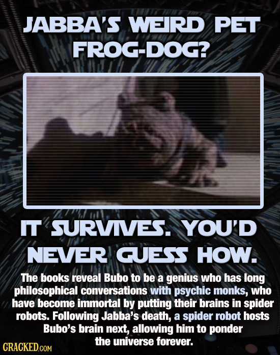 JABBA'S WEIRD PET FROG-DOG? IT SURVIVES. YOU'D NEVER GUESS HOW. The books reveal Bubo to be a genius Who has long philosophical conversations with psy