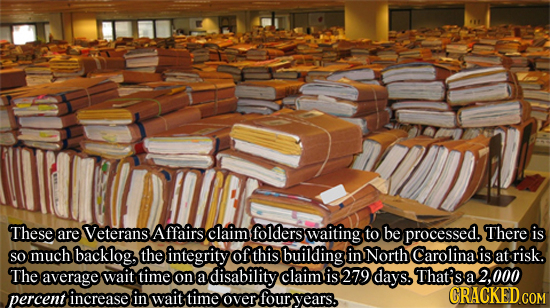 These are Veterans Affairs claim folders waiting to be processed. There is the so much backlog, integrity of this building in North Carolina is at ris