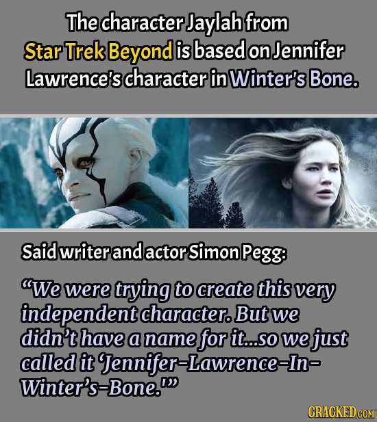 The character. Jaylah from Star Trek Beyond is based on Jennifer Lawrence's character in Winter's Bone. Said writer and actor Simon Pegg: We were try