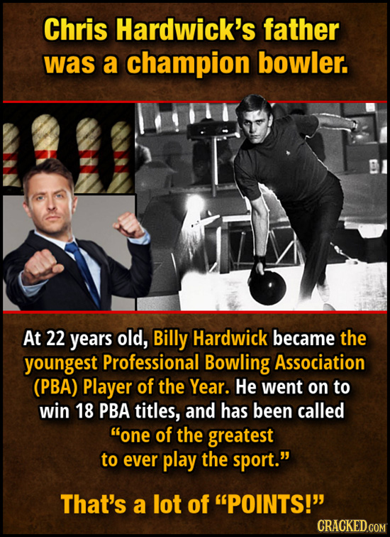 Chris Hardwick's father was a champion bowler. At 22 years old, Billy Hardwick became the youngest Professional Bowling Association (PBA) Player of th