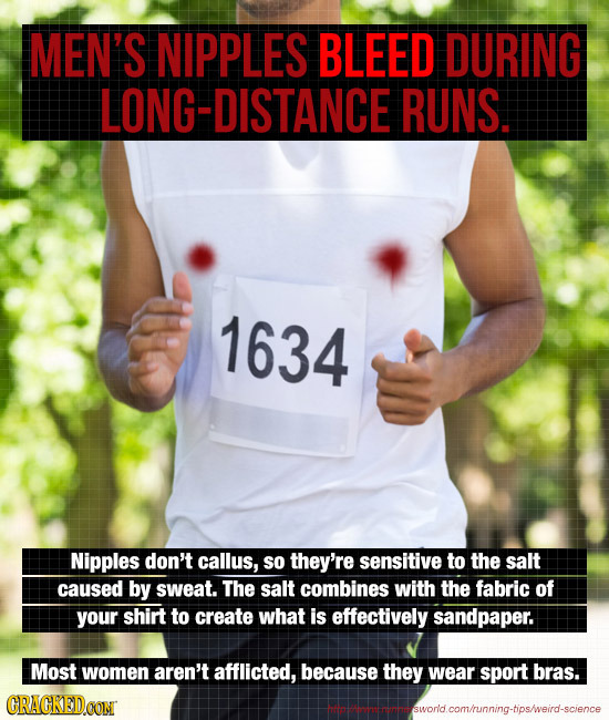 MEN'S NIPPLES BLEED DURING LONG-DISTANCE RUNS. 1634 Nipples don't callus, so they're sensitive to the salt caused by sweat. The salt combines with the
