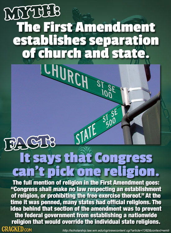 MYTHB The First Amendment establishes separation of church and state. LHURCH ST SE 100 SE ST 500 FAGT8 STATE It says that Congress can't pick one reli