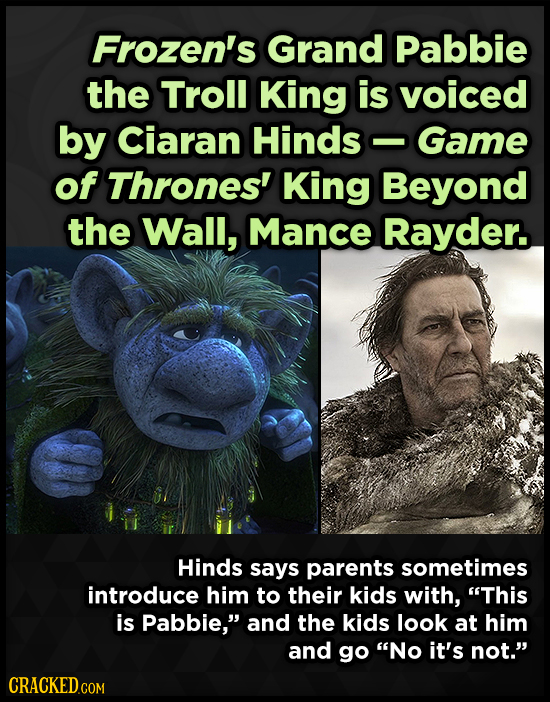 Frozen's Grand Pabbie the Troll King is voiced by Ciaran Hinds Game -- of Thrones' King Beyond the Wall, Mance Rayder. Hinds says parents sometimes introduce him to their kids with, This is Pabbie, and the kids look at him and go No it's not. CRACKEDcO
