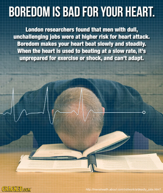 BOREDOM IS BAD FOR YOUR HEART. London researchers found that men with dull, unchallenging jobs were at higher risk for heart attack. Boredom makes you