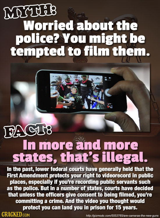 MYTH8 Worried about the police? You might be tempted to film them. uct FAGT8 In more and more states, that's illegal. In the past, lower federal court