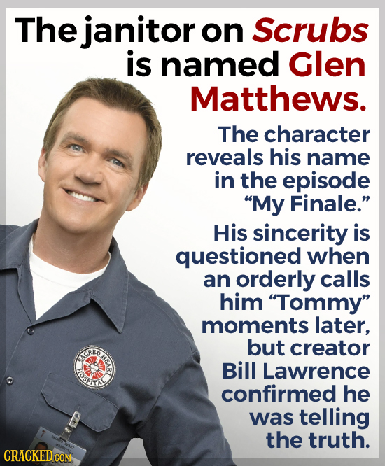 The janitor on Scrubs is named Glen Matthews. The character reveals his name in the episode My Finale. His sincerity is questioned when an orderly c