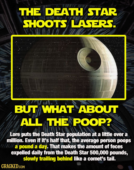 THE DEATH STAR SHOOT'S LASERS. BUT WHAT ABOUT ALL THE POOP? Lore puts the Death Star population at a little over a million. Even if it's half that, th