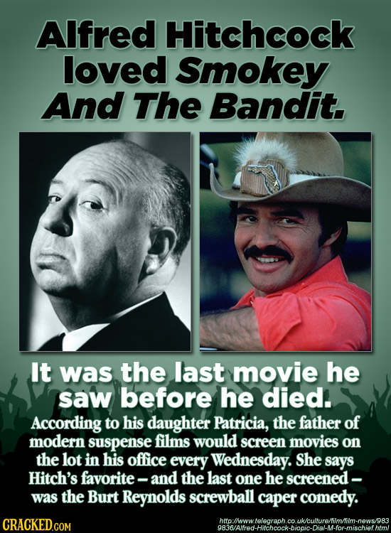 Alfred Hitchcock loved Smokey And The Bandit. It was the last movie he saw before he died. According to his daughter Patricia, the father of modern su