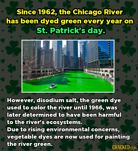 Since 1962, the Chicago River has been dyed green every year on St. Patrick's day. However, disodium salt, the green dye used to color the river until