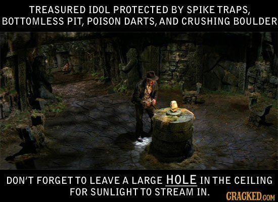 TREASURED IDOL PROTECTED BY SPIKE TRAPS, BOTTOMLESS PIT, POISON DARTS, AND CRUSHING BOULDER DON'T FORGET TO LEAVE A LARGE HOLE IN THE CEILING FOR SUNL