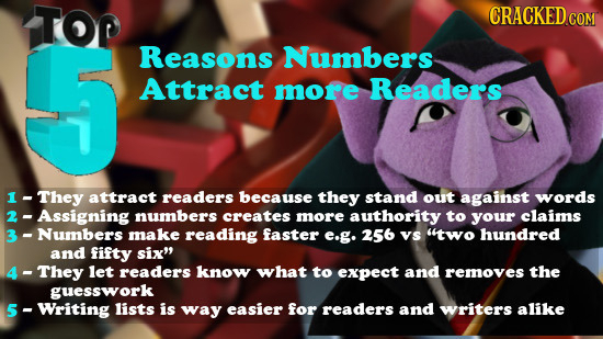 TOP CRACKED.cOM Reasons Numbers Attract more Readers -They attract readers because they stand out against words 2 - Assigning numbers creates more aut