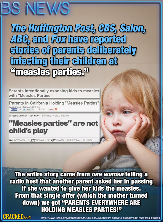 BS NEVS The Huffington Post, CBS, Salon, ABC, and Fox have reported stories of parents deliberately infecting their children at measles parties. Par