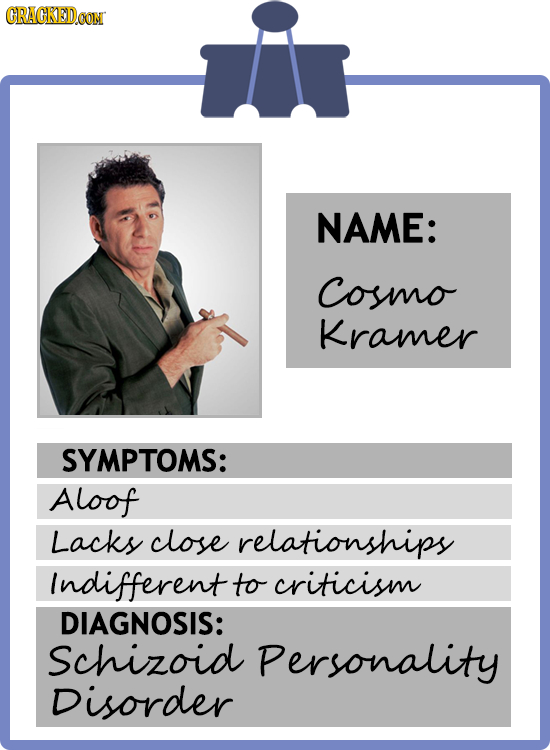 CRACKEDOON NAME: Cosmo Kramer SYMPTOMS: Aloof Lacks close relationships Indifferent to criticism DIAGNOSIS: Schizoid Personality Disorder