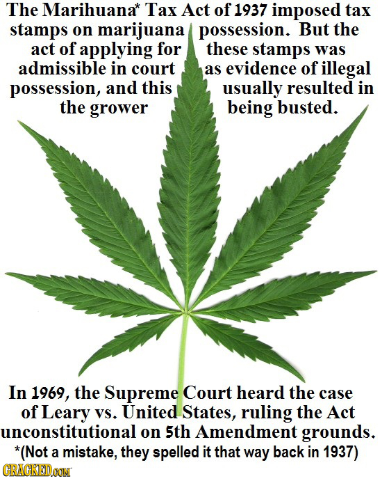 The Marihuana* Tax Act of 1937 imposed tax stamps on marijuana possession. But the act of applying for these stamps was admissible in court as evidenc