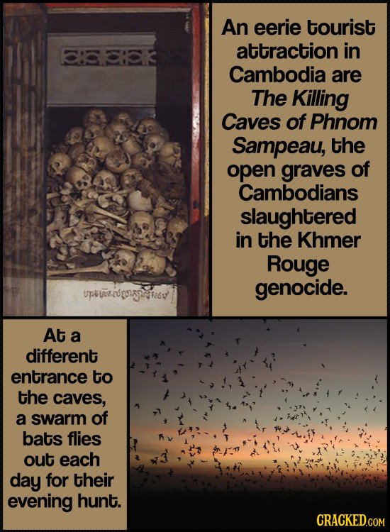 An eerie tourist 33 attraction in Cambodia are The Killing Caves of Phnom Sampeau, the open graves of Cambodians slaughtered in the Khmer Rouge genoci
