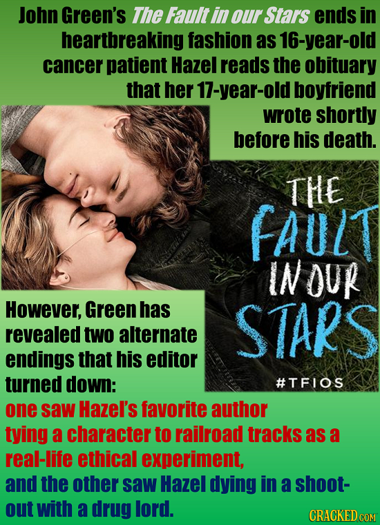 John Green's The Fault in our Stars ends in heartbreaking fashion as 16-year-old cancer patient Hazel reads the obituary that her 17-year-old boyfrien