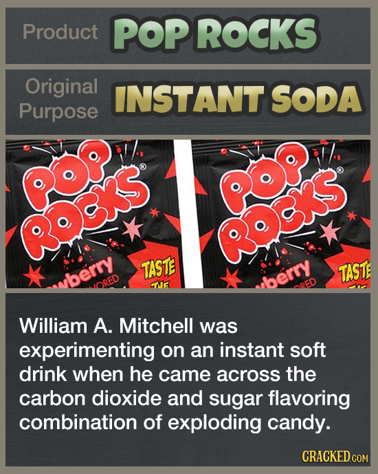 Product POP ROCKS Original INSTANT SODA Purpose ROxS TASTE TASTE berry ORED ME dberry DED William A. Mitchell was experimenting on an instant soft dri