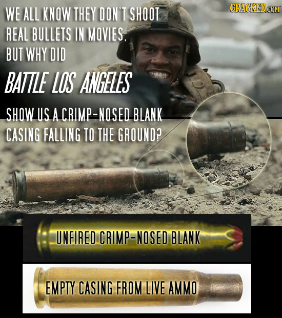 WE ALL KNOW THEY DON'T SHOOT REAL BULLETS IN MOVIES. BUT WHY DID BATILE LOS ANGELES SHOW US A CRIMP-NOSED BLANK CASING FALLING TO THE GROUND? UNFIRED 
