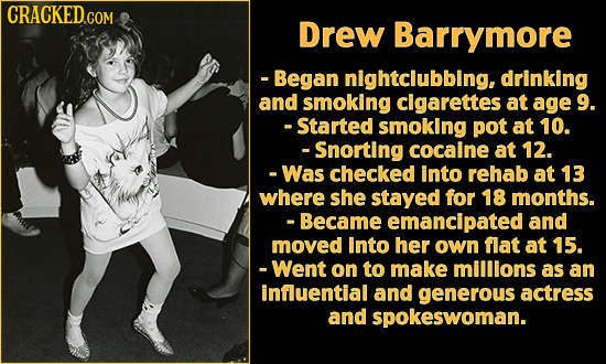 Drew Barrymore -Began nightclubbing, drinking and smoking cigarettes at age 9. -Started smoking pot at 10. -Snorting cocaine at 12. -Was checked into