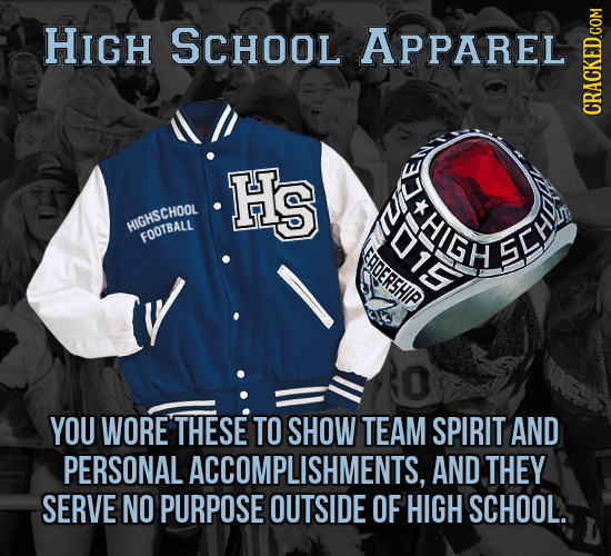 HIGH SCHOOL APPAREL CRAGh Hs HIGHSCHOOL FOOTBALL lH*L dIHSFObE 510 YOU WORE THESE TO SHOW TEAM SPIRIT AND PERSONAL ACCOMPLISHMENTS, AND THEY SERVE NO 