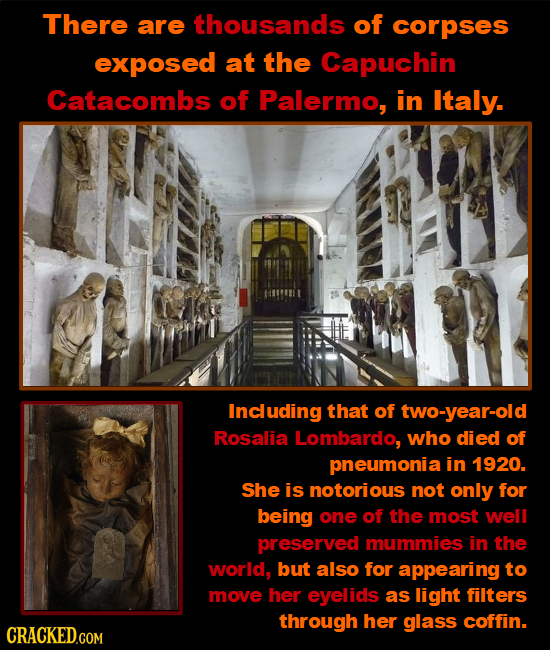 There are thousands of corpses exposed at the Capuchin Catacombs of Palermo, in Italy. Including that of two-year-old Rosalia Lombardo, who died of pn