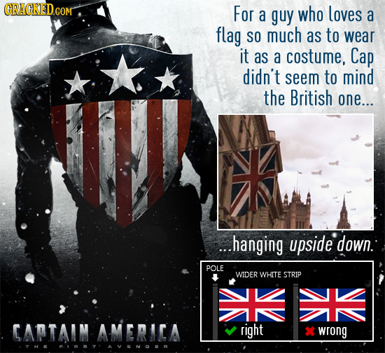 CRAGKEDCOM For a guy who loves a flag SO much as to wear it as a costume, Cap didn't seem to mind the British one... ...hanging upside down. POLE WIDE