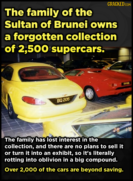 CRACKED The family of the Sultan of Brunei owns a forgotten collection of 500 supercars. RNIGIS BQ205 The family has lost interest in the collection, 