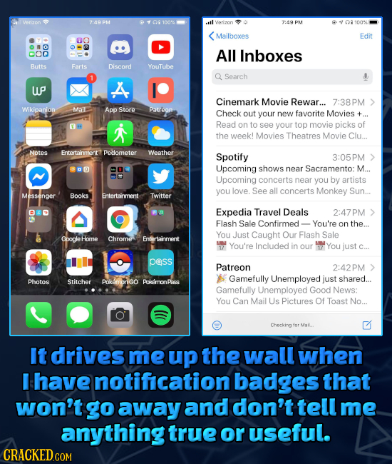 Menzon 7:49 PM 0100% il Verizon 7:49 PM 09 10056 Mailboxes Edit 00 DOD All Inboxes Butts Farts Discord YouTube Search wP A Cinemark Movie Rewar... 7:3