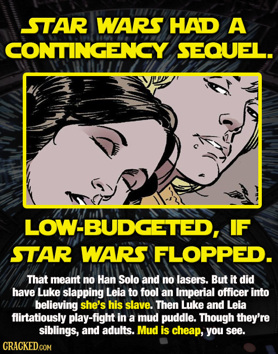 STAR WARS HAD A CONTINGENCY SEQUEL. LOW-BUDGETED, IF STAR WARS FLOPPED. That meant no Han Solo and no lasers. But it did have Luke slapping Leia to fo