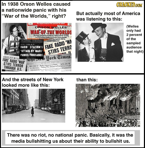 In 1938 Orson Welles caused GRAGKEDOON a nationwide panic with his But actually most of America War of the Worlds, right? was listening to this: ESE