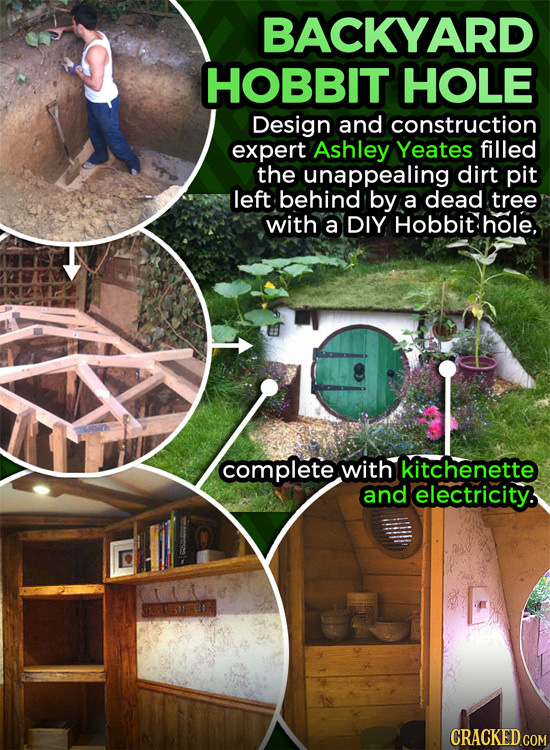 BACKYARD HOBBIT HOLE Design and construction expert Ashley Yeates filled the unappealing dirt pit left behind by a dead tree with a DIY Hobbit hole, c