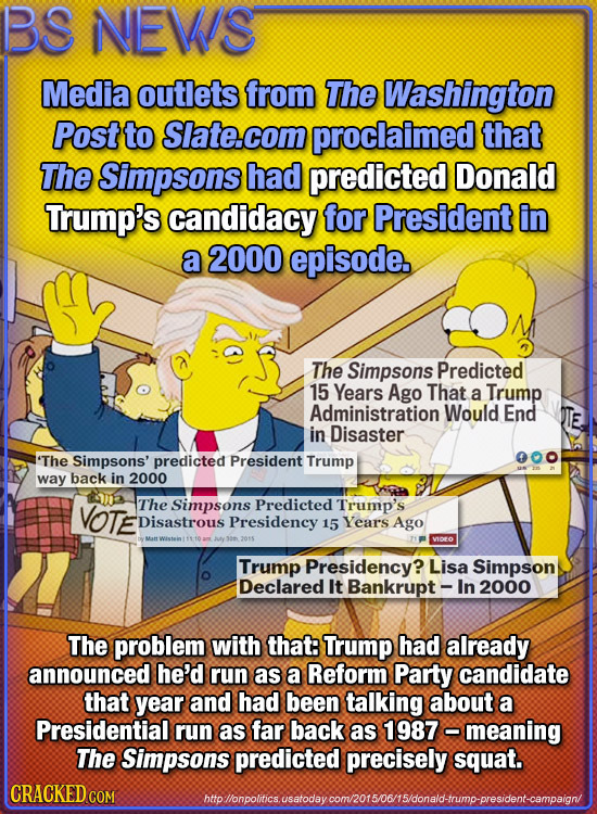 BS NEVS Media outlets from The Washington Post to Slate.com proclaimed that The Simpsons had predicted Donald Trump's candidacy for President in a 200