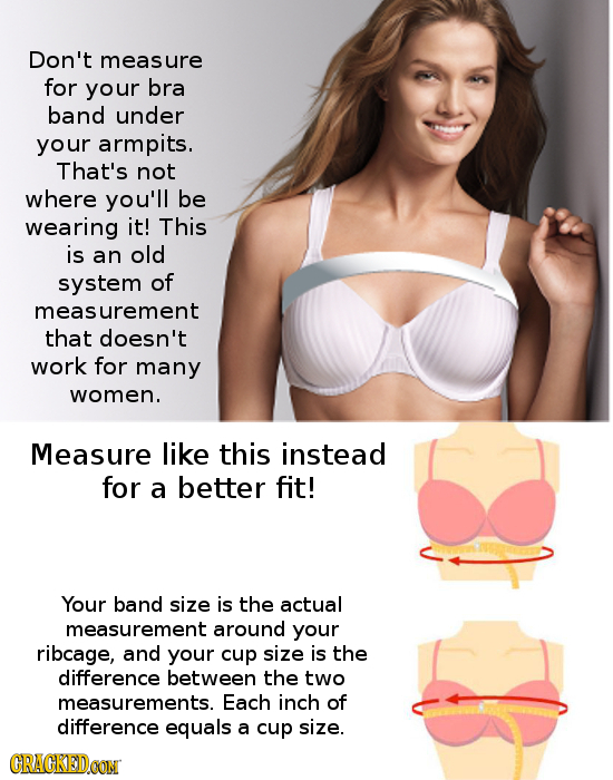 Don't measure for your bra band under your armpits. That's not where you'll be wearing it! This is an old system of measurement that doesn't work for