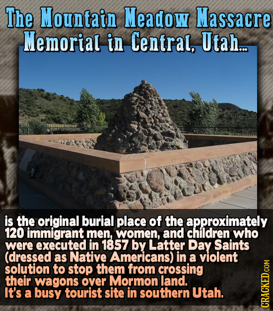 The Mountain Meadow Massacre Memorial in Central, Utah.. is the original burial place of the approximately 120 immigrant men, women, and children who
