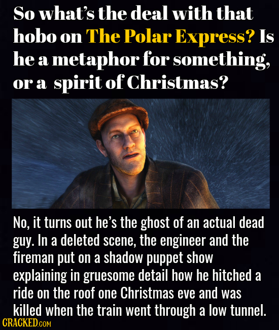 So what's the deal with that hobo on The Polar Express? Is he a metaphor for something, or a spirit of Christmas? No, it turns out he's the ghost of a