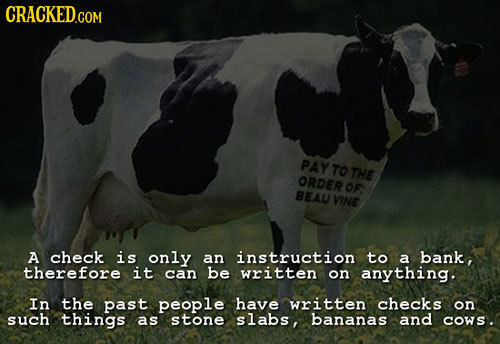 CRACKED.COM PAYTO THE ORDER OF BEAU VINE A check is only an instruction to a bank, therefore it can be written on anything. In the past people have wr