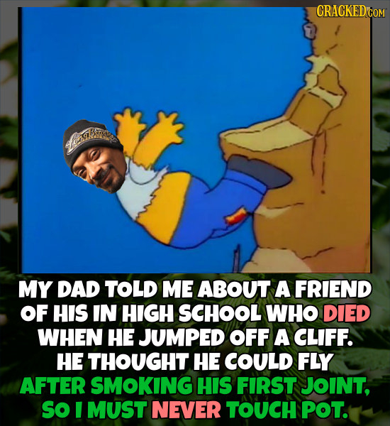 faas MY DAD TOLD ME ABOUT A FRIEND OF HIS IN HIGH SCHOOL WHO DIED WHEN HE JUMPED OFF A CLIFF. HE THOUGHT HE COULD FLY AFTER SMOKING HIS FIRST JOINT. S