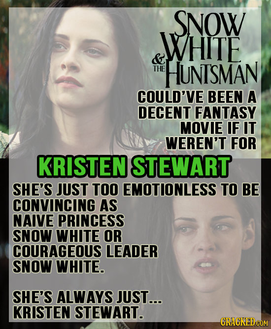 SNOW HITE THE HUNTSMAN COULD'VE BEEN A DECENT FANTASY MOVIE IF IT WEREN'T FOR KRISTEN STEWART SHE'S JUST TOO EMOTIONLESS TO BE CONVINCING AS NAIVE PRI