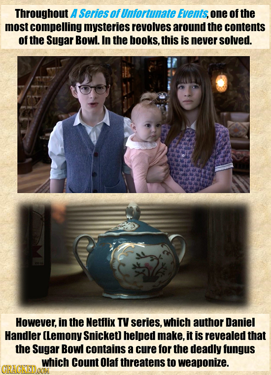 Throughout A series ofUnfortunate Events, one of the most compelling mysteries revolves around the contents of the Sugar Bowl. In the books, this is n