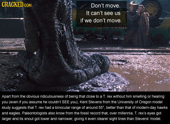 Don't move. It can't see us if we don't move. Apart from the obvious ridiculousness of being that close to a T. rex without him smelling or hearing yo
