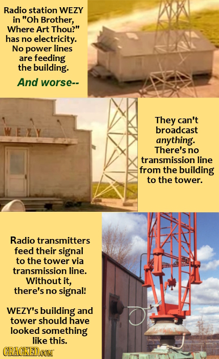 Radio station WEZY in Oh Brother, Where Art Thou? has no electricity. No power lines are feeding the building. And worse-- They can't broadcast anyt