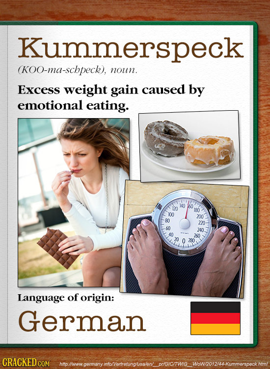 Kummerspeck (KOO-ma-schpeck), noun. Excess weight gain caused by emotional eating. 120 KO 160 180 100 200 80 220 60 240 40 260 20 O 280 Language of or