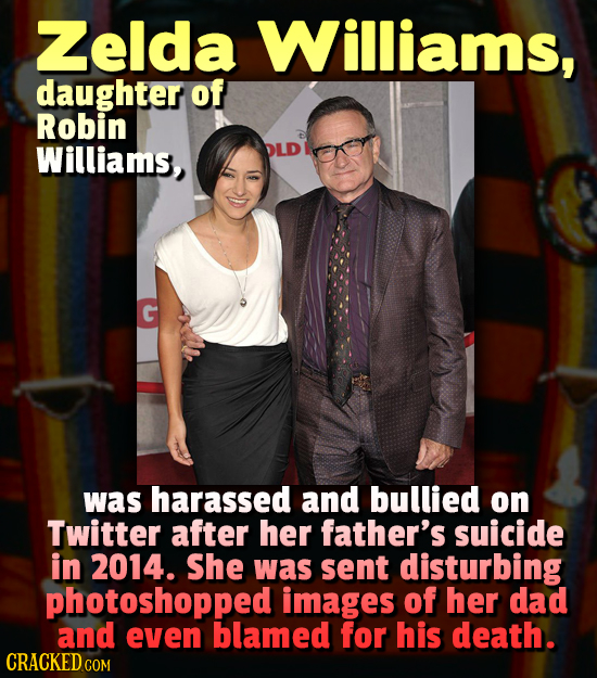 Zelda Williams, daughter of Robin Williams, C was harassed and bullied on Twitter after her father's suicide in 2014. She was sent disturbing photosho