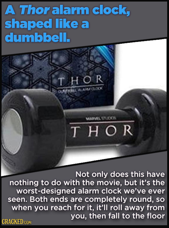 Terrible Movie Merchandise The Studios Didn't Think Through - A Thor alarm clock, shaped like a dumbbell.