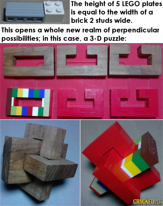 The height of 5 LEGO plates is equal to the width of a brick 2 studs wide. This opens a whole new realm of perpendicular possibilities; in this case,