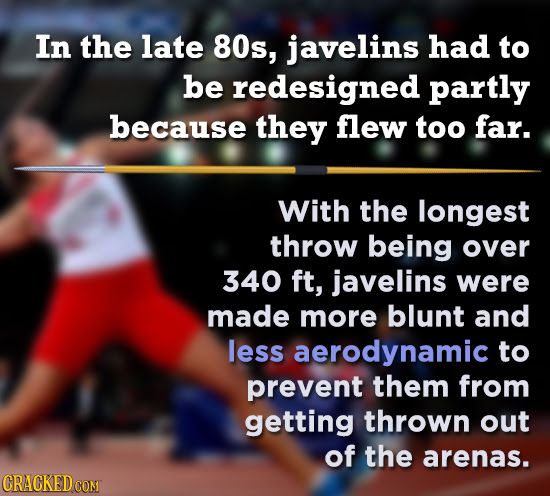In the late 80s, javelins had to be redesigned partly because they flew too far. With the longest throw being over 340 ft, javelins were made more blu