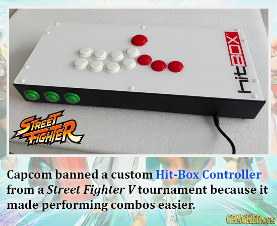 Photo of a Hit-box, a custom controller. Capcom banned it from a Street Fighter V tournament because it made performing combos easier.