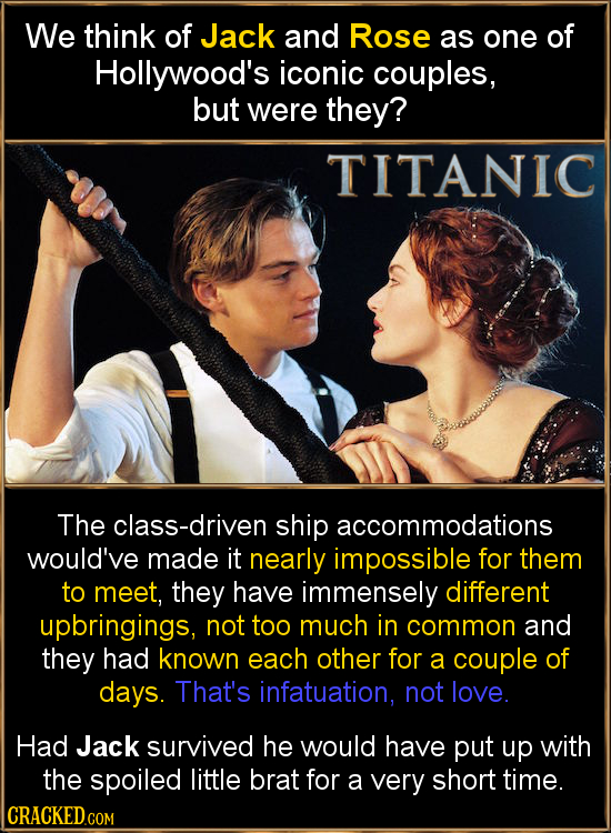 We think of Jack and Rose as one of Hollywood's iconic couples, but were they? TITANIC The class-driven ship accommodations would've made it nearly im